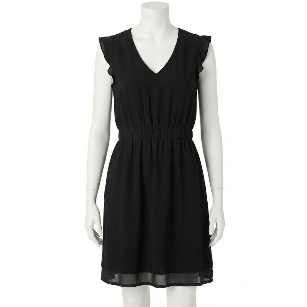 Kate Spade Black V-Neck Ruffle Sleeve Sheath Dress Size 12 Viscose Minimalist